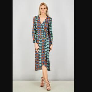 Uterque Animal Print A Line Long Sleeve Button Midi Dress Brown Green Size Large
